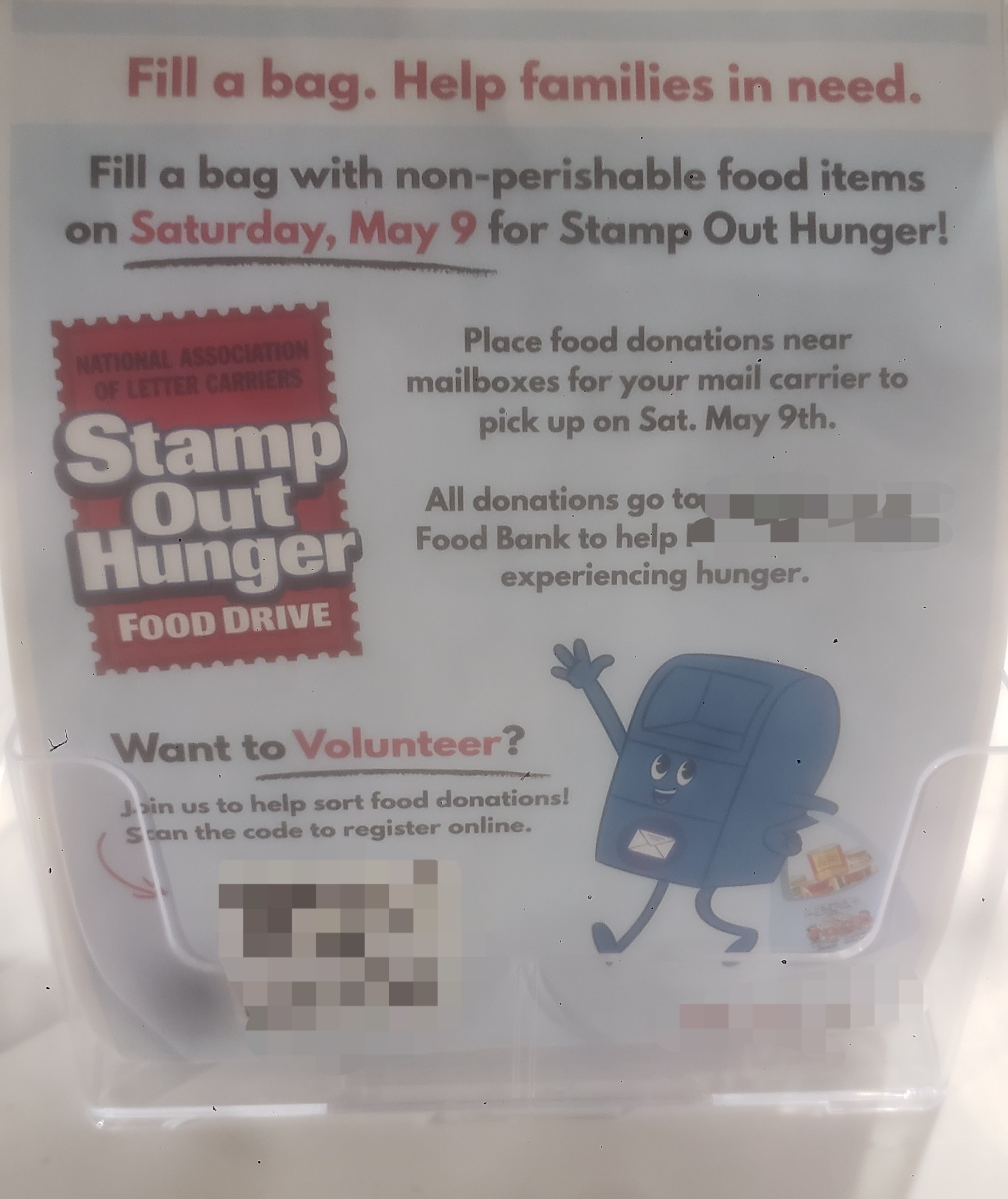 Flyer about volunteering or donating food for stamp out hunger.